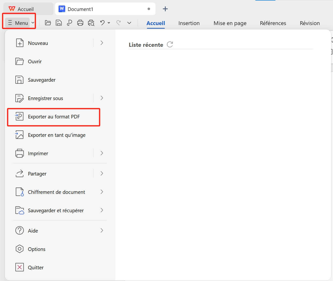 Menu WPS Writer