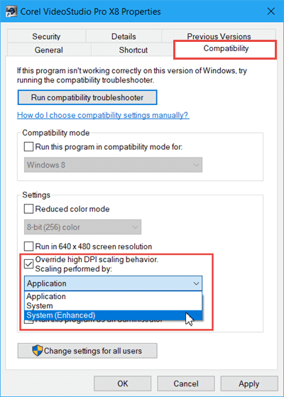 Click Change high DPI settings. Enable “Override high DPI scaling behavior”