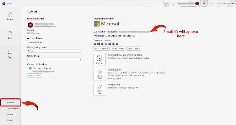 Kontrola informací o účtu Microsoft Office v aplikaci