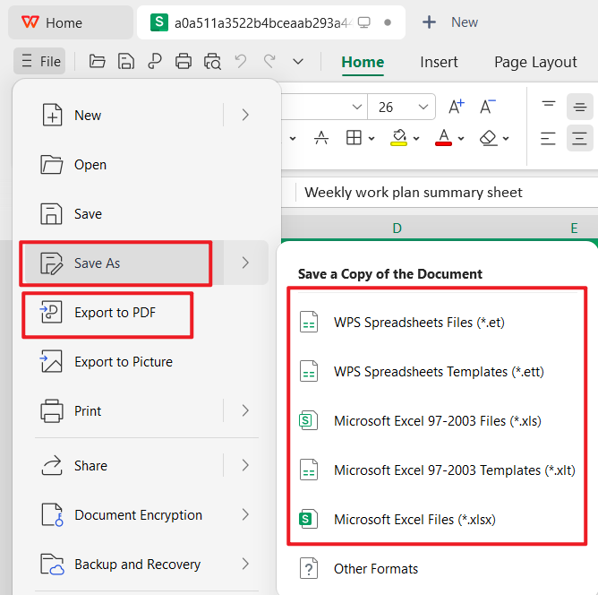 Weekly work plan export in WPS Spreadsheets