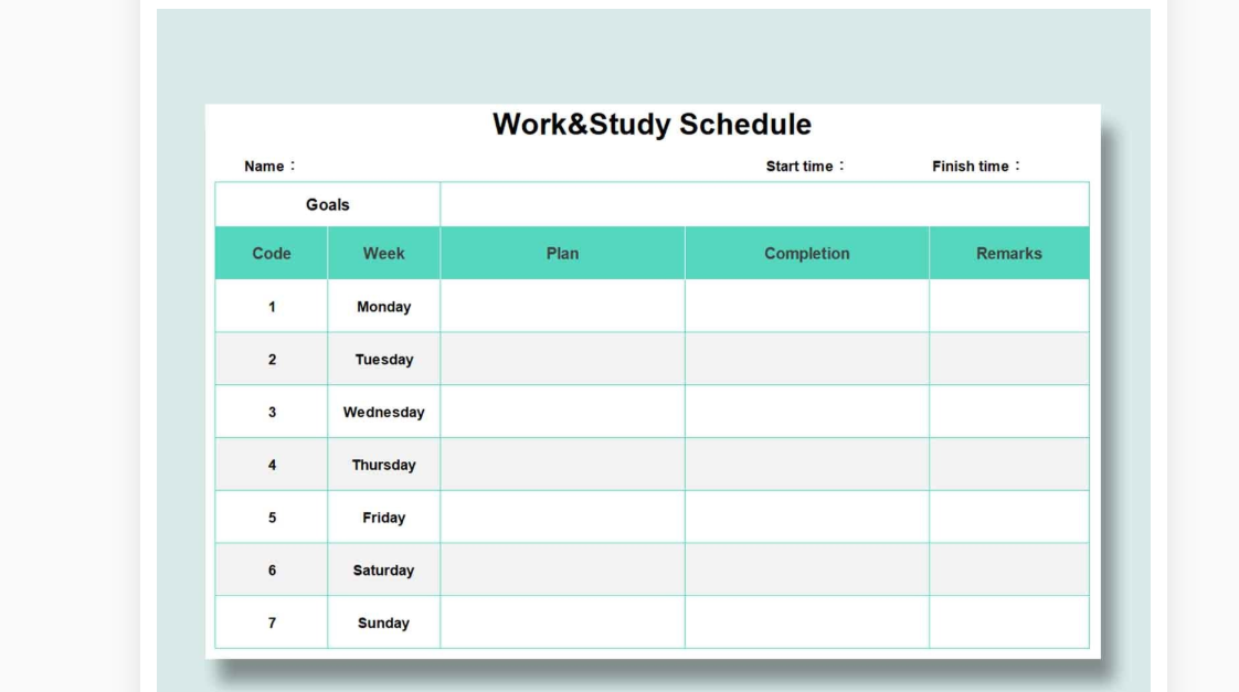 green simple work-study employee schedule template