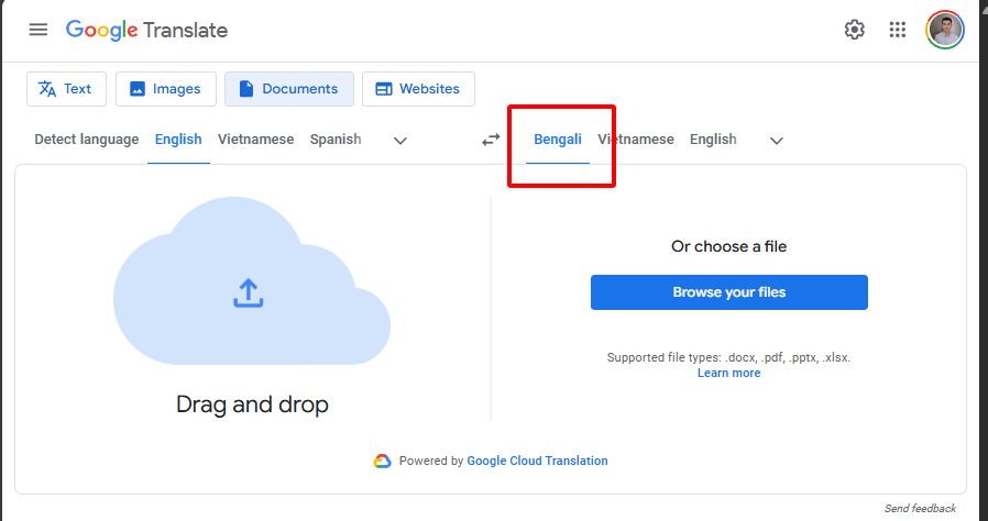 Set Bengali and click “Translate.”