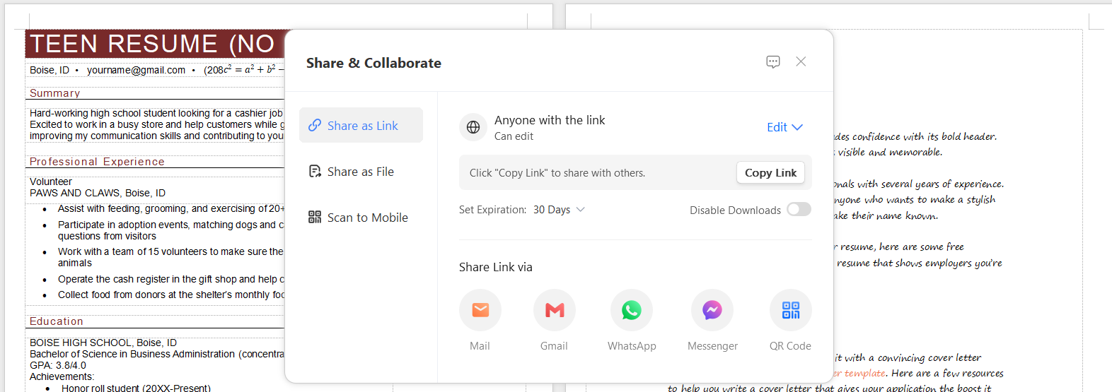Share online link: File > Share > Generate Link