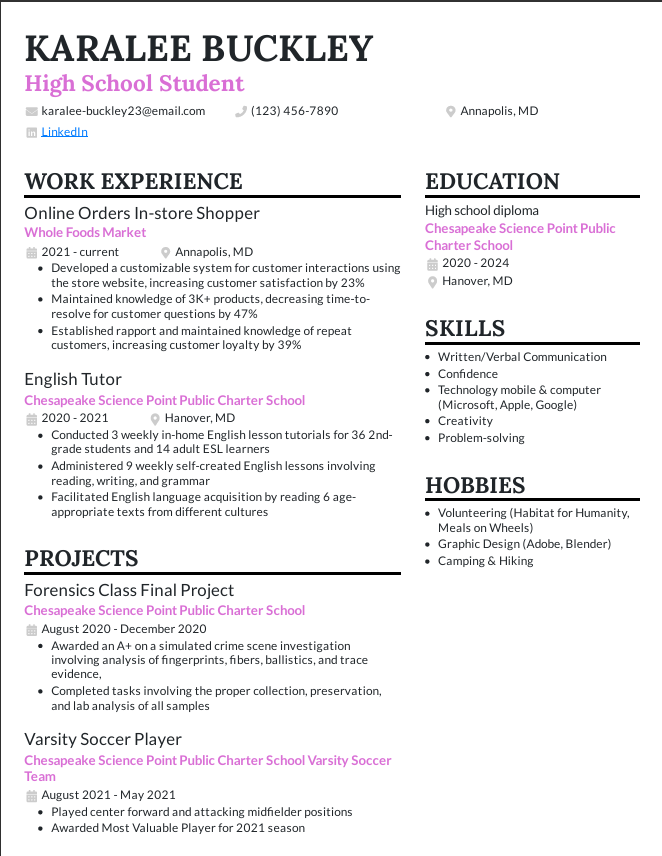 High School Student Internship Resume