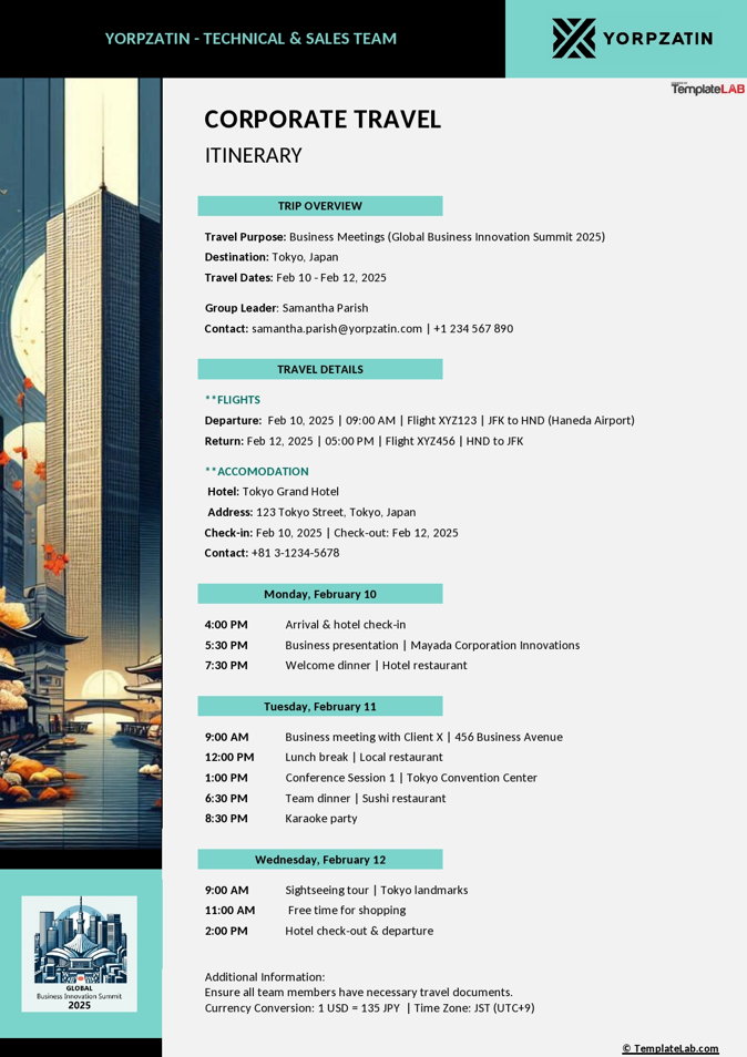 Corporate Travel Itinerary Template [Word, Excel, PDF]