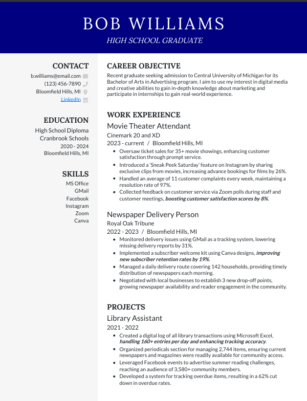 High School Diploma Resume
