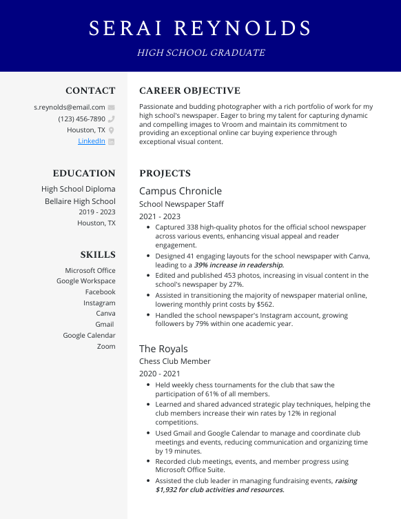 High School Graduate Resume