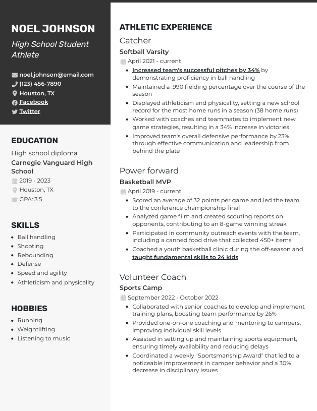 High School Student Athlete Resume