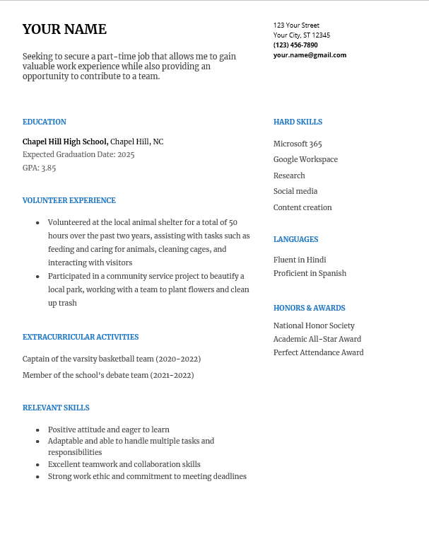 High School Resume with No Work Experience