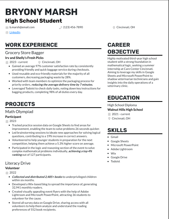 High School Internship Resume