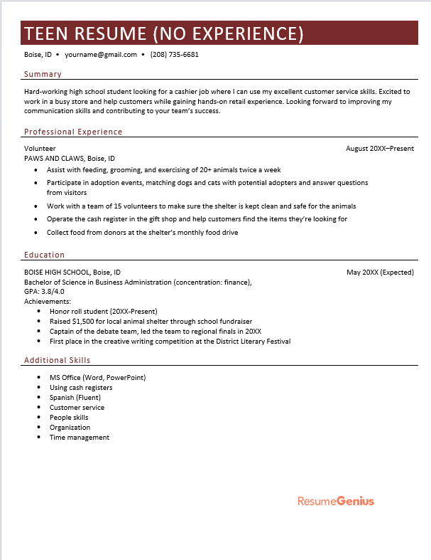  Resume Examples for Teens