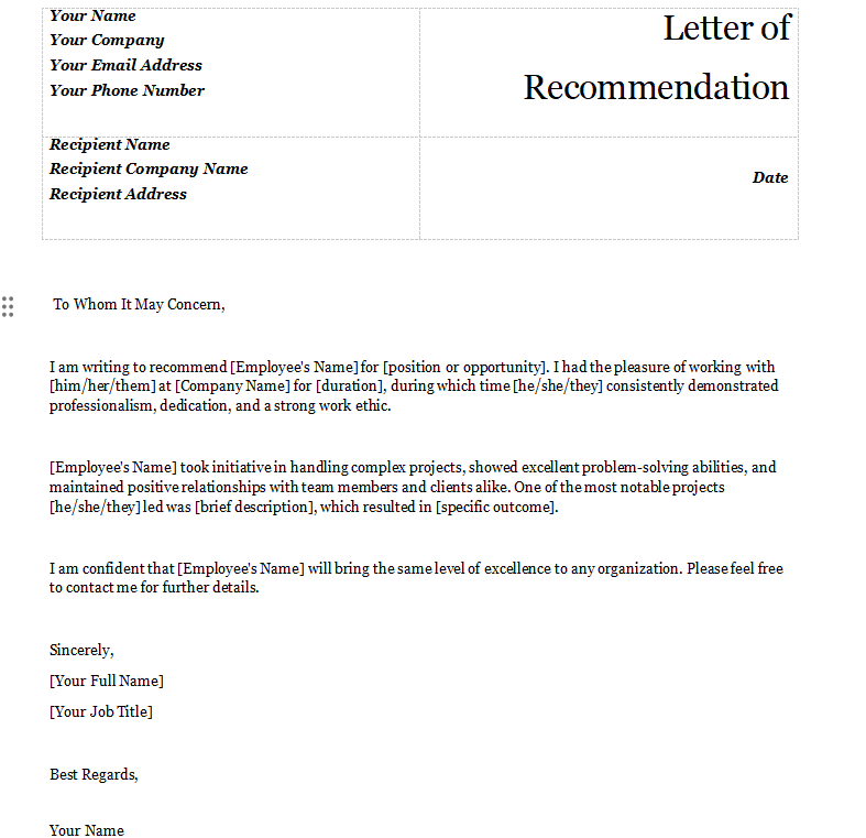 Professional brown-toned letterhead template suited for executive recommendations.