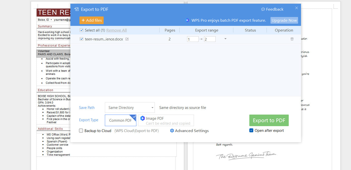 Save as PDF: File > Export to PDF