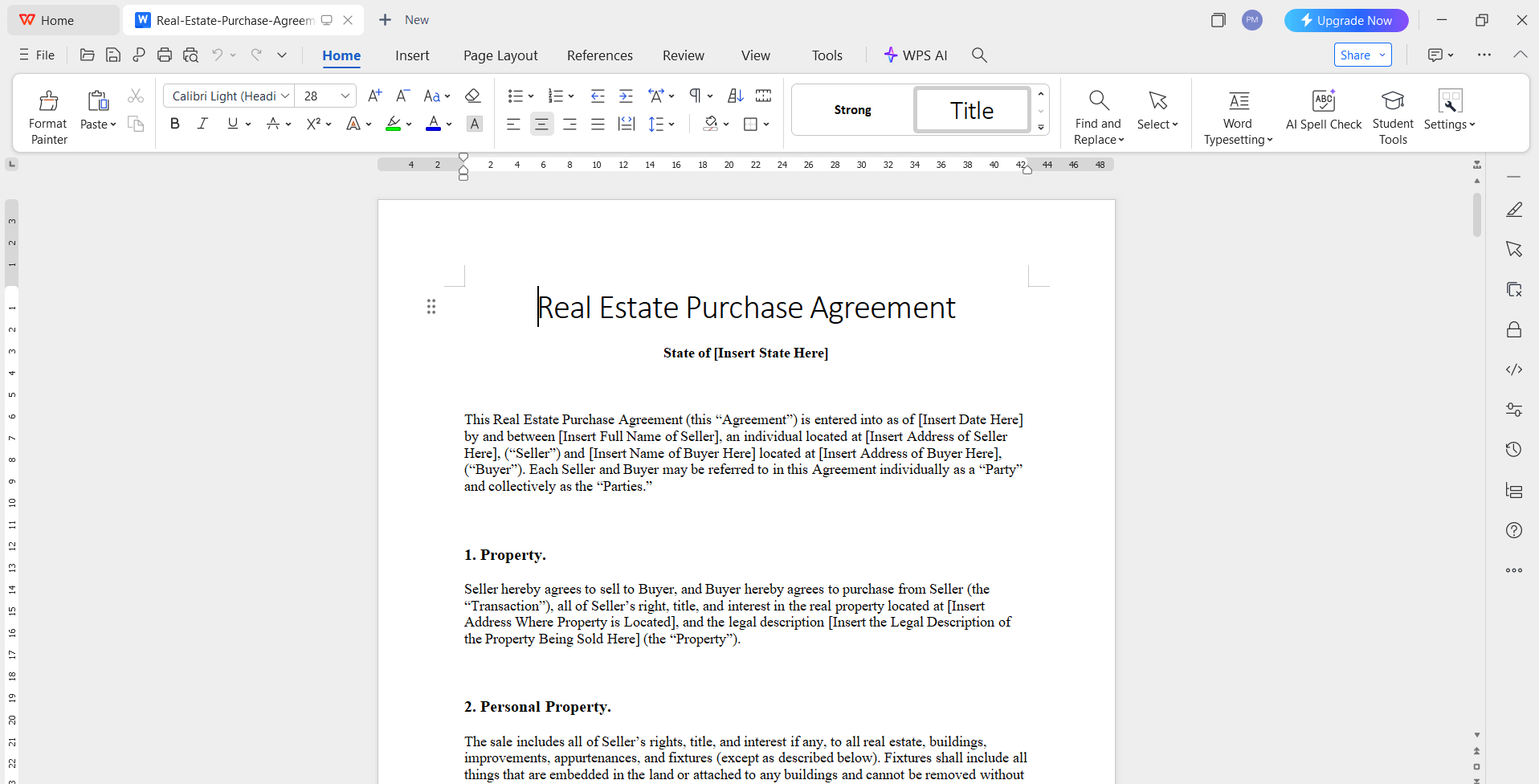  simple real estate purchase agreement edit with WPS Writer