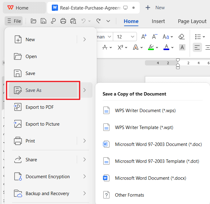  simple real estate purchase agreement export with WPS Writer