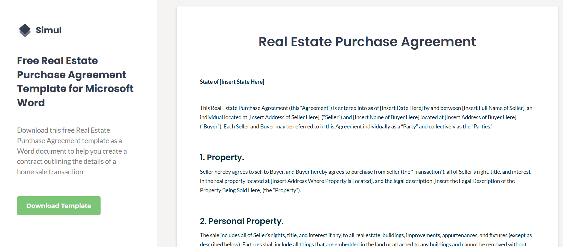  simple real estate purchase agreement free download by Simul