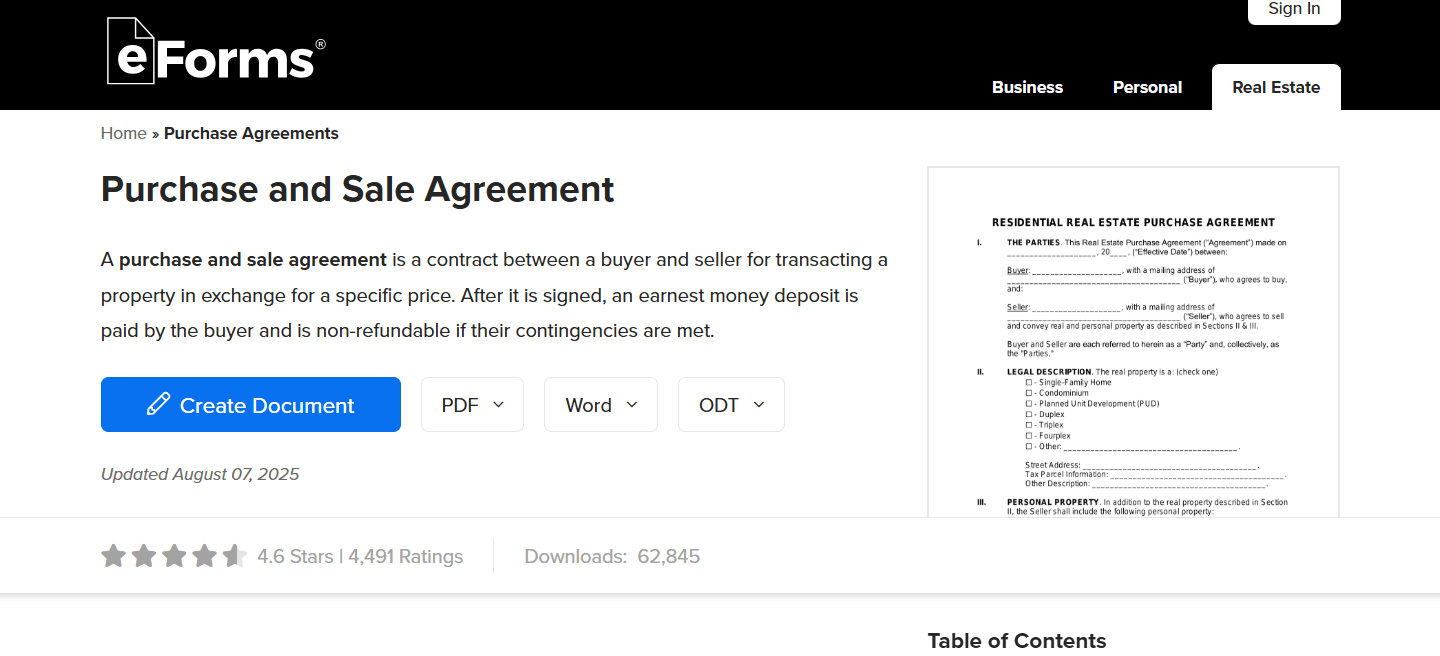 real estate contract for sale by e-forms