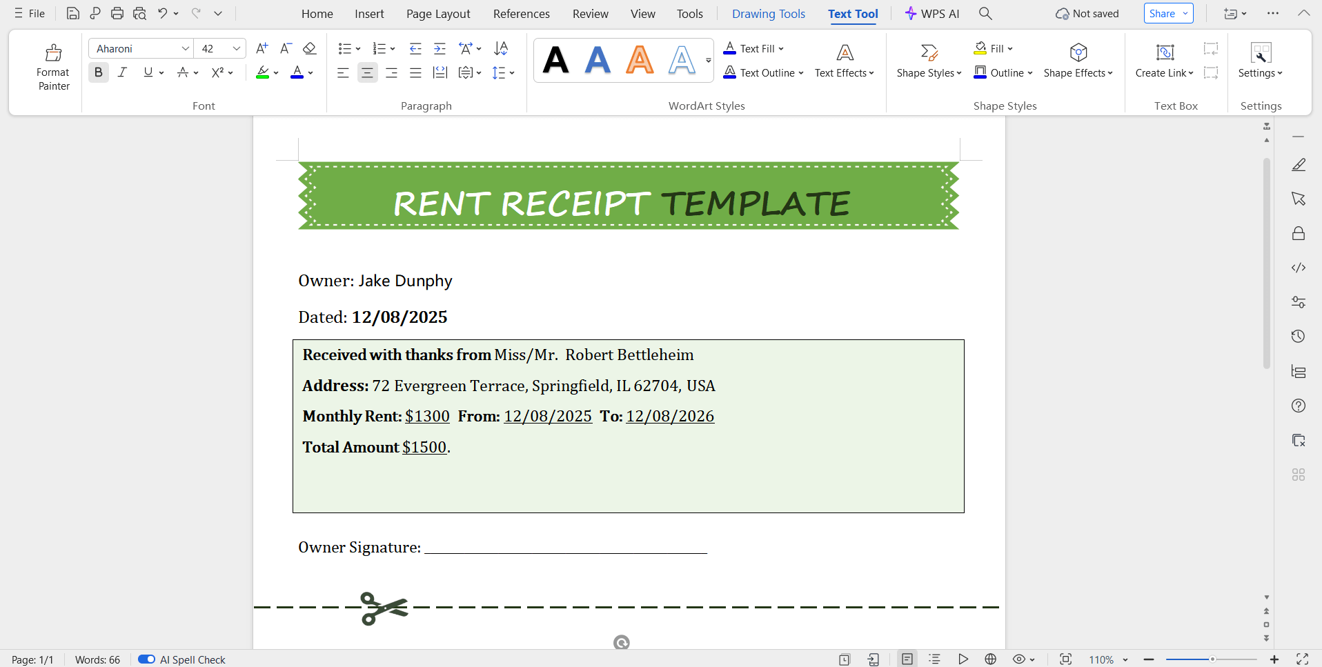Rent Receipt Template WPS Office Editing