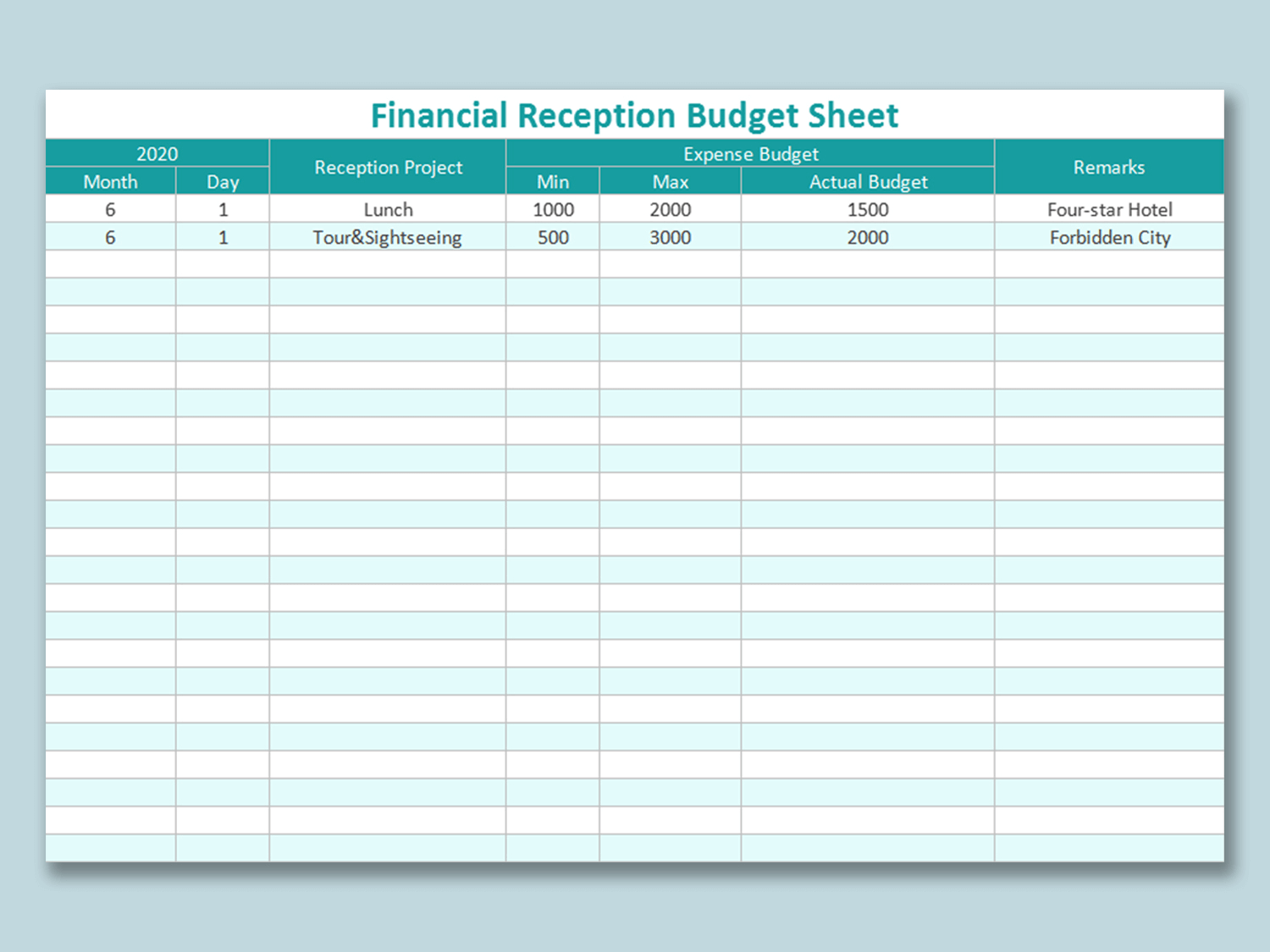 Financial Reception Budget Sheet