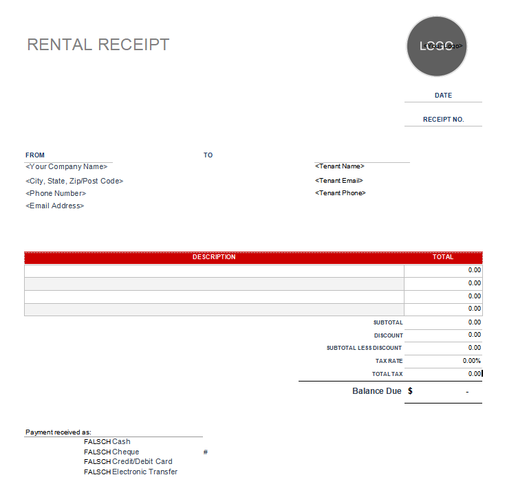 Rental Receipt Template 1