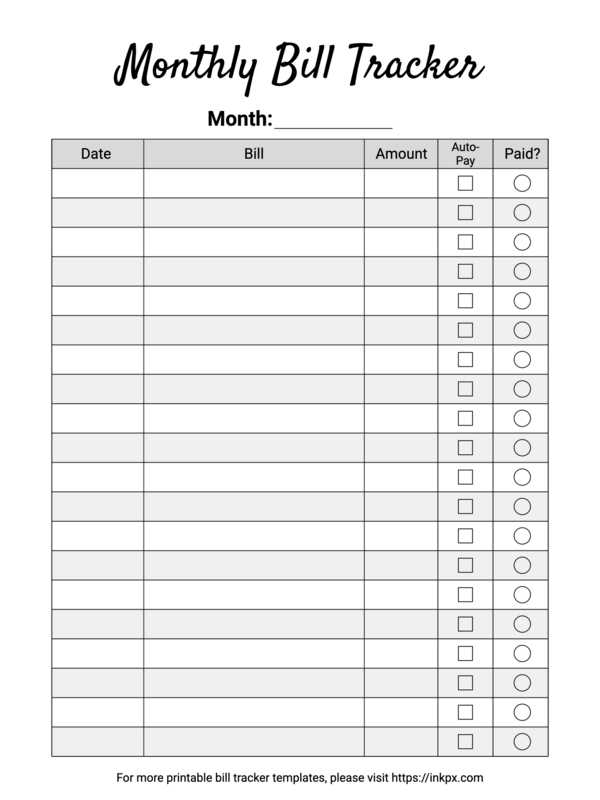 Black and White Monthly Bill Tracker Template