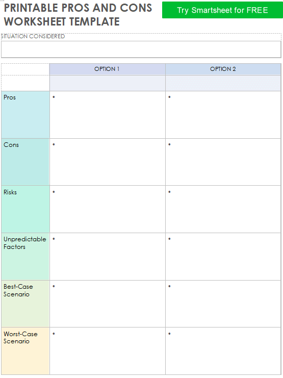 Printable Pros And Cons Worksheet Template
