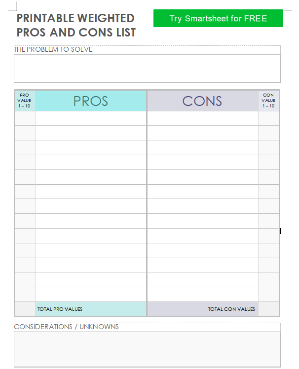 Printable Weighted Pros And Cons List Template
