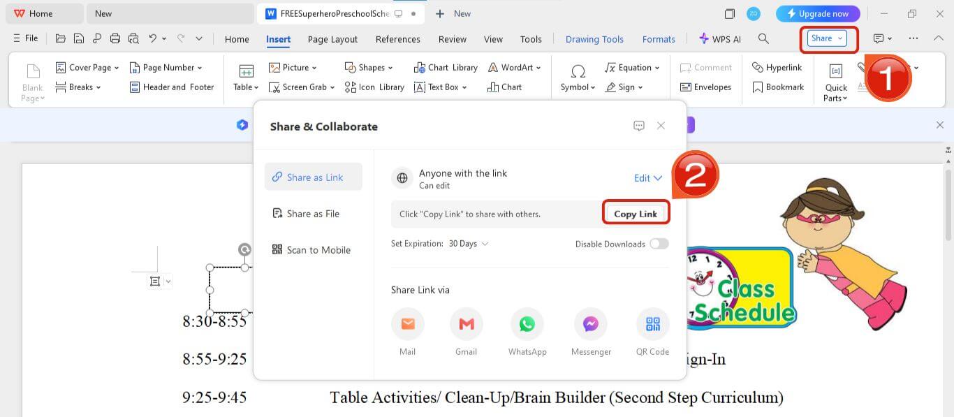 Sharing editable template link