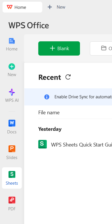 Open WPS Office and go to Spreadsheets