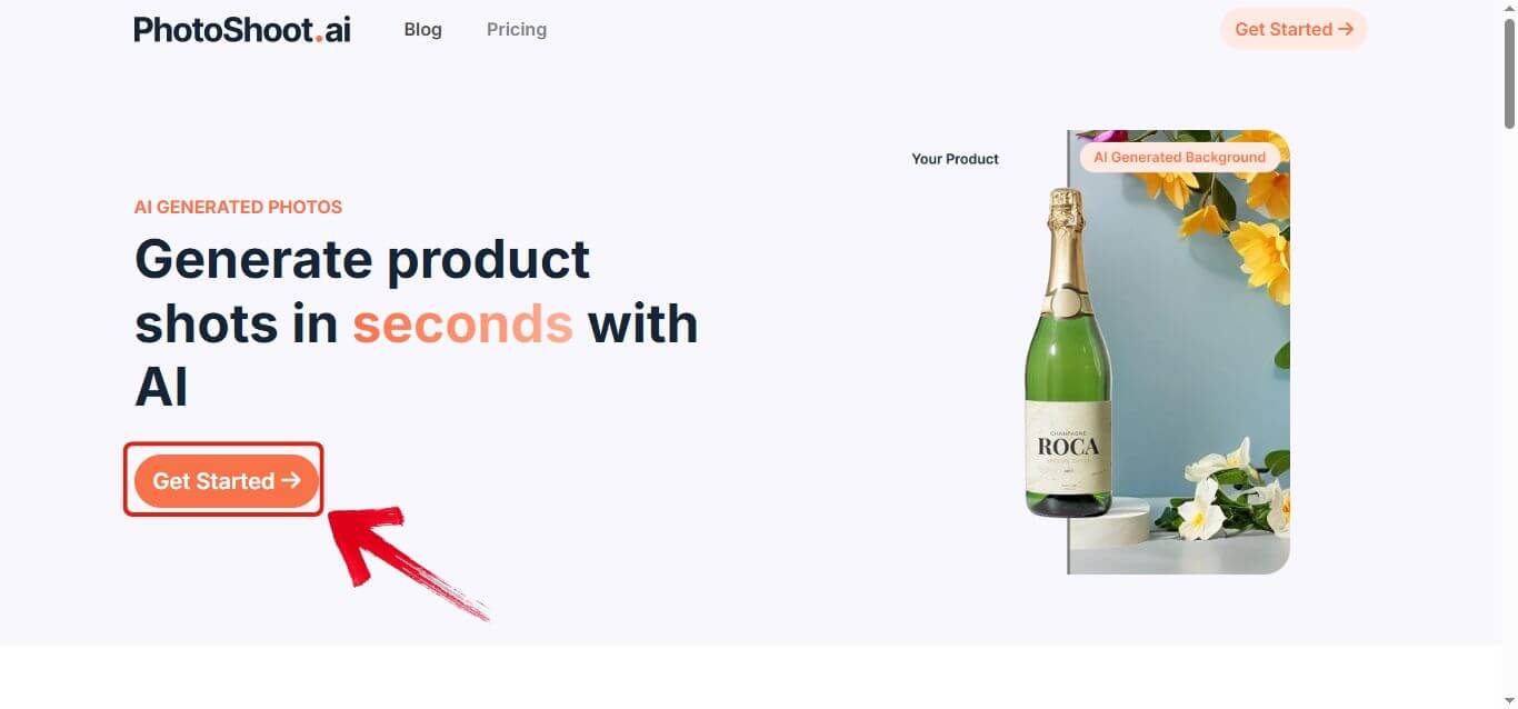 Get Started button on homepage