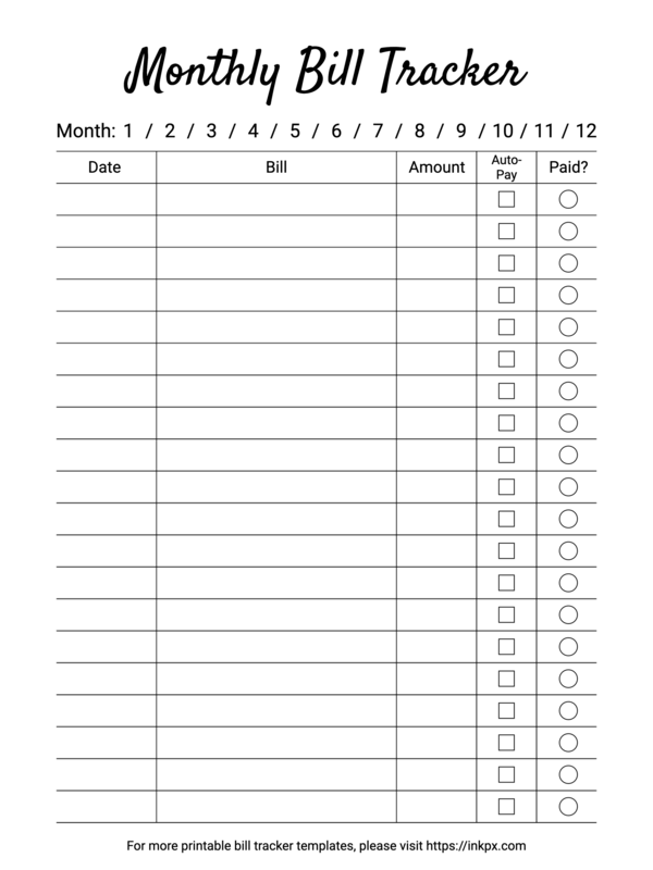 Black and White Open Border Monthly Bill Tracker Template