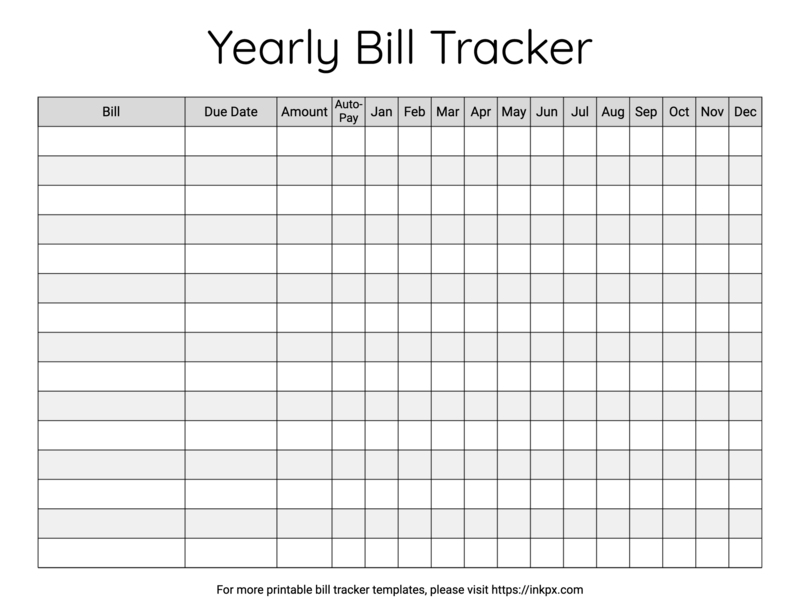 Black and White Yearly Bill Tracker Template