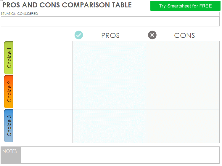 Pros and Cons Comparison Table Template