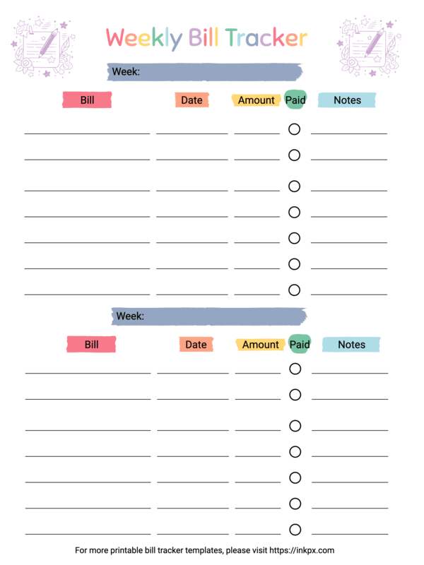 Rainbow Color Weekly Bill Tracker Template